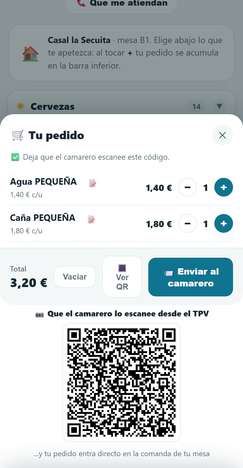 Lo que ve el cliente en su móvil: su pedido montado con el QR listo para escanear