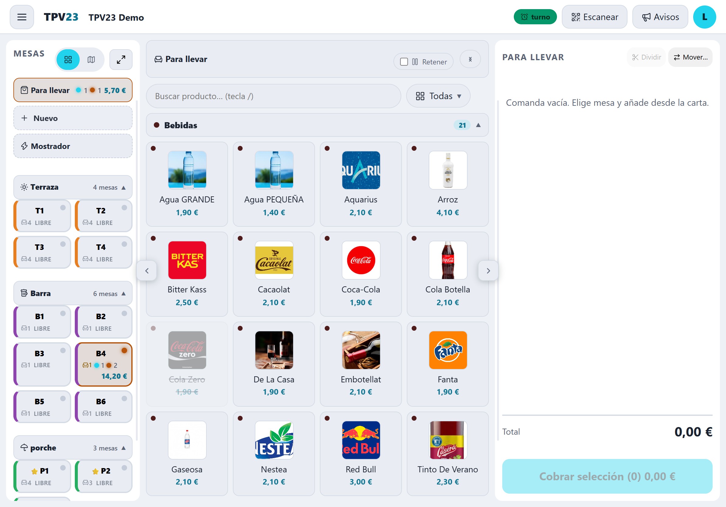 El TPV23 en tablet con la sala en plano: las mesas dibujadas con lo que llevan, y la carta al lado